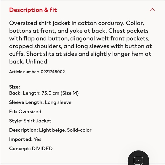 H&M DIVIDED corduroy oversized shirt jacket size medium - Picture 12 of 12